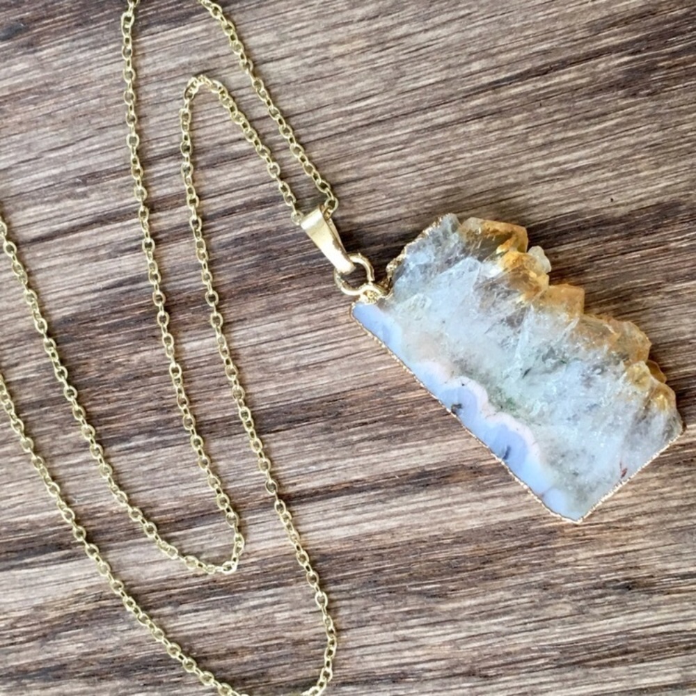 💄Boutique Citrine Quarts Slice 14k Gold Necklace